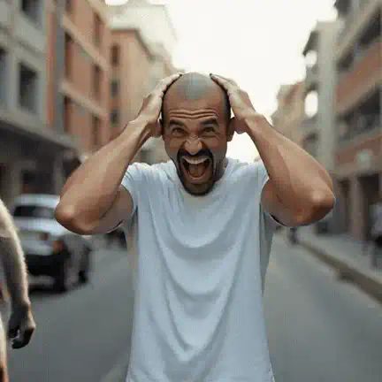 AI bald filter video preview: a monkey swipes a man's hair off on a city street and he grabs his newly bald head