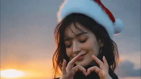 Woman making a finger heart at sunset in a red Santa hat, from the Christmas Costume Santa filter