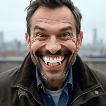 Middle-aged man on a city rooftop with an unnaturally wide, fanged grin and wide staring eyes