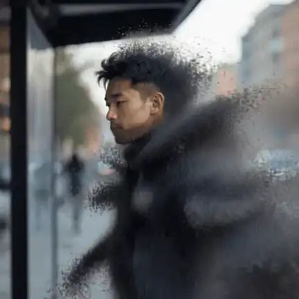 Young man in a black hooded jacket at a city bus shelter dissolving into a cloud of dark dust