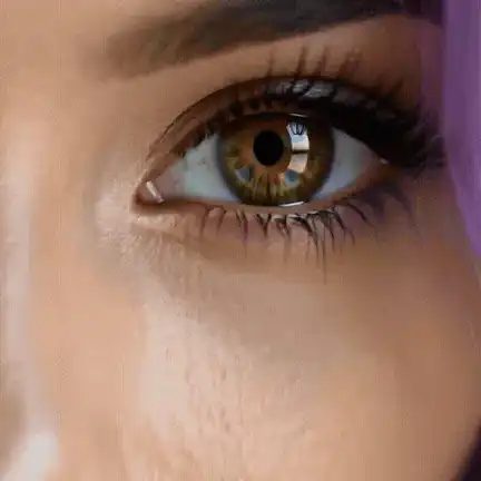 AI eye zoom: extreme close-up of a woman's amber-brown eye after the camera zooms in from her portrait