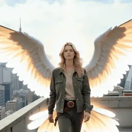 Woman in an olive jacket walks across a city rooftop with huge white wings glowing behind her