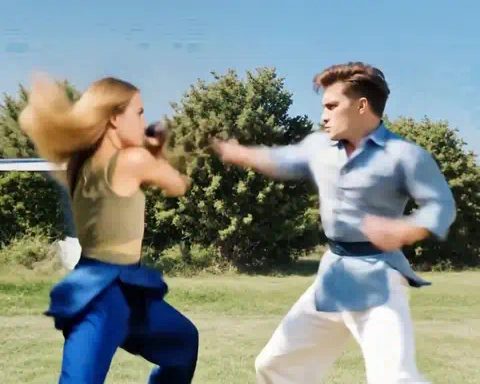 AI fight video preview: a man and a woman trade kung fu blows in a sunny park as an energy blast flares between them