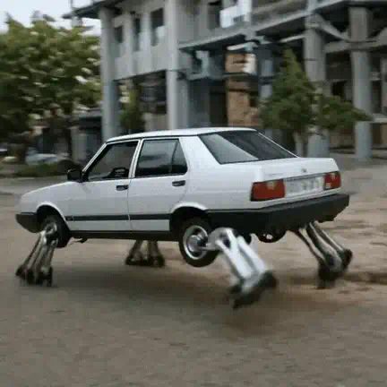AI meme video preview: a parked white car grows chrome robot legs and walks away down a city street