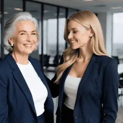AI aging video: a young blonde woman with her arm around a silver-haired older version of herself in an office