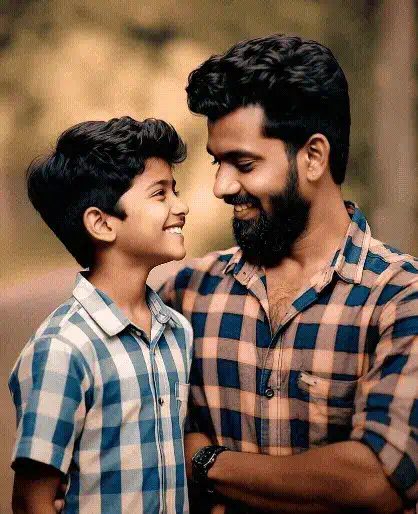AI younger self video: a bearded man and a boy in a similar checked shirt smile at each other