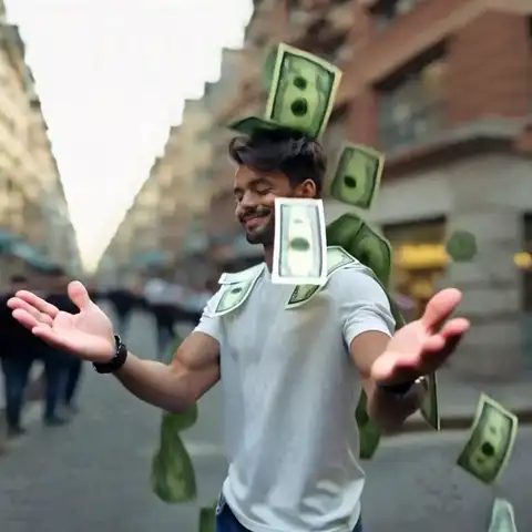 Smiling man in a white T-shirt spreads his arms as green banknotes rain around him on a city street