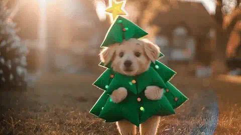 Golden puppy in a green Christmas tree costume with coloured lights and a gold star on top, on a sunlit lawn
