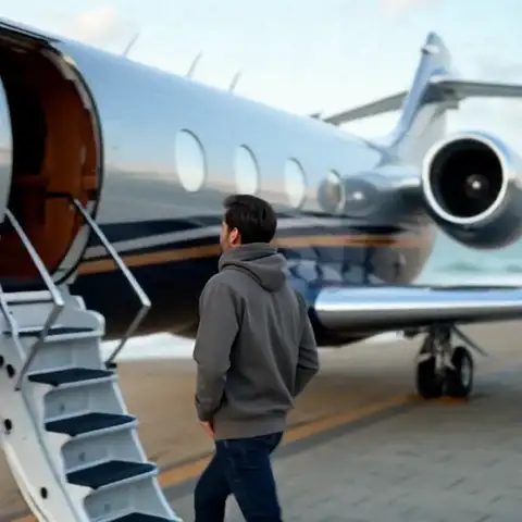 Man in a grey hoodie climbs the stairs of a silver private jet parked on a seaside promenade