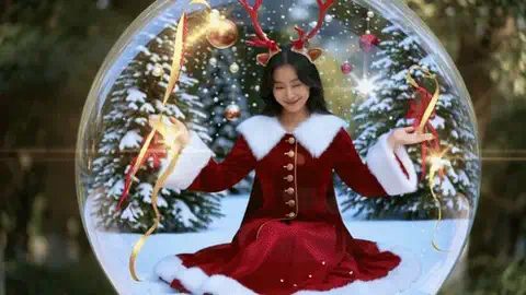 Woman in a red velvet dress and red antlers sitting in the snow inside a Christmas snow globe