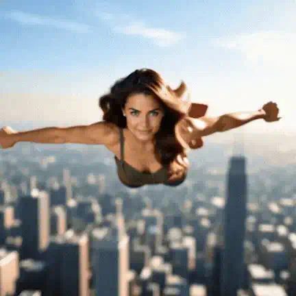 Smiling woman with long dark hair flies arms outstretched with a small red cape above a city of skyscrapers