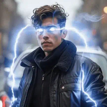 Young man in a black leather jacket on a city street, eyes glowing white, with blue lightning over his head and shoulders