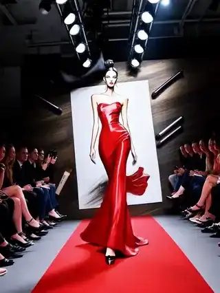 Drawn model in a strapless red mermaid gown walks a red runway past a seated audience holding up phones