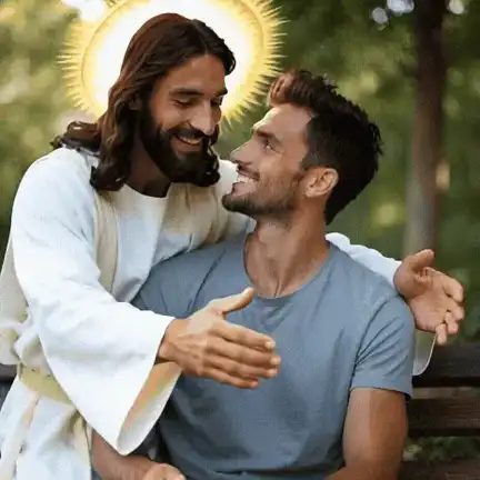 AI Jesus hug video: a robed figure of Jesus with a golden halo embraces a smiling young man on a park bench